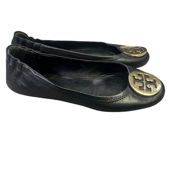 TORY BURCH Reva Black Leather Metal Medallion Logo Ballet Ballerina‎ Flats Sz 6 - Picture 1 of 6